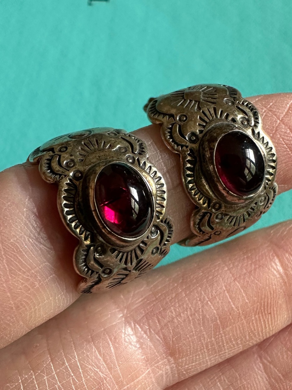 Vintage Native American Signed Sterling And Gemstone Cabochon Hoop Earrings